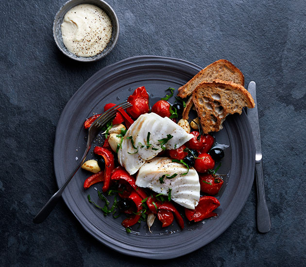 Norwegian cod with red peppers and tomatoes